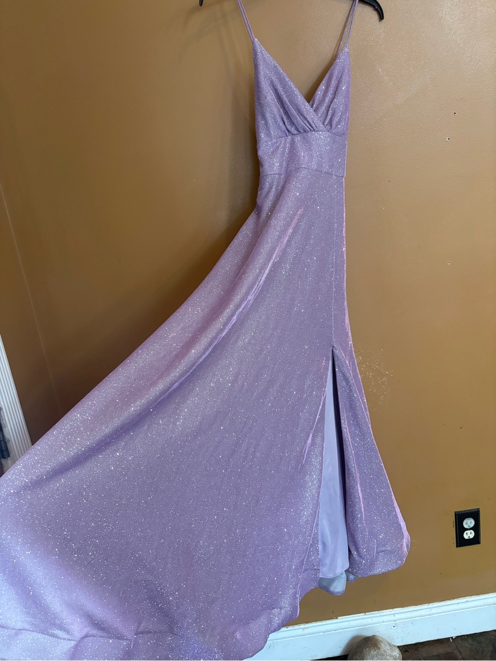 Lilac Shimmer V-Neck Spaghetti-Strap Prom Gown - Picture 6 of 9